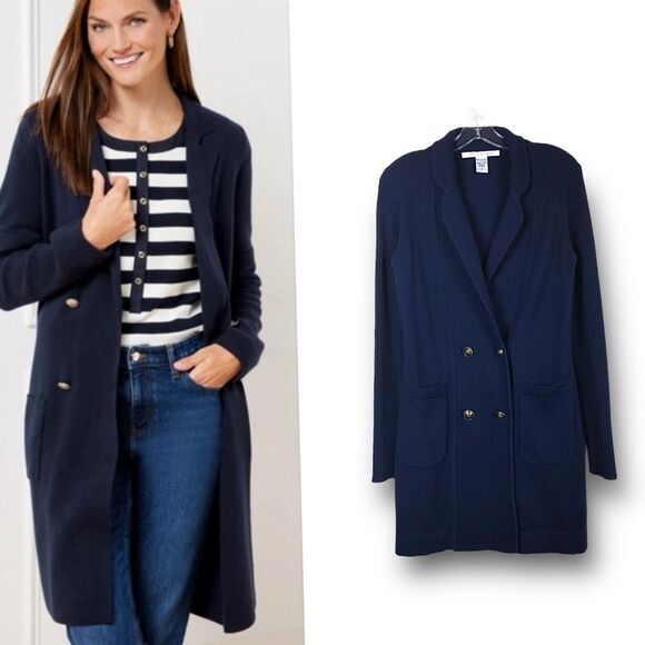 Diane Von Furstenburg 100% Cashmere Double Breasted Long Cardigan-Coat Navy Sz P - Picture 4 of 12